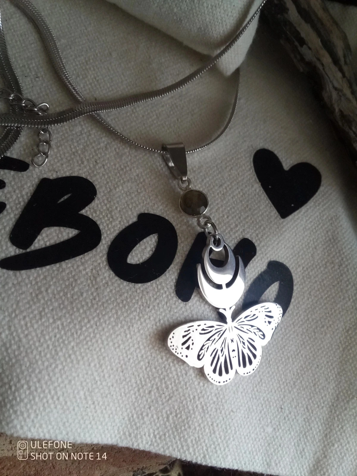 Collier labradorite papillon sphinx et double lune, argenté – photo 2